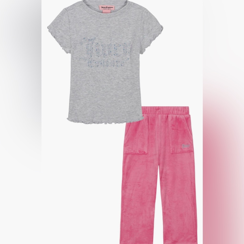 Gray and Pink Kids’ Lettuce Edge Tee & Velour Pants Set